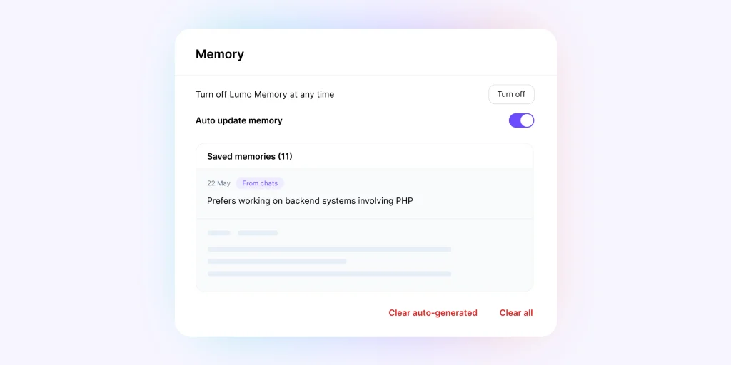 Lumo 2.0 Memory feature settings screenshot