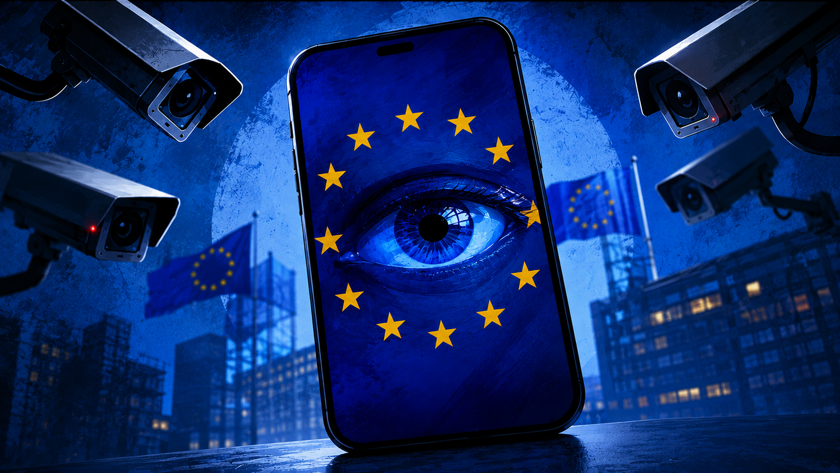 EU surveillance eye and cameras representing chat control revival