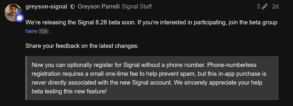 Screenshot of the Signal Community beta feedback post describing optional registration without a phone number