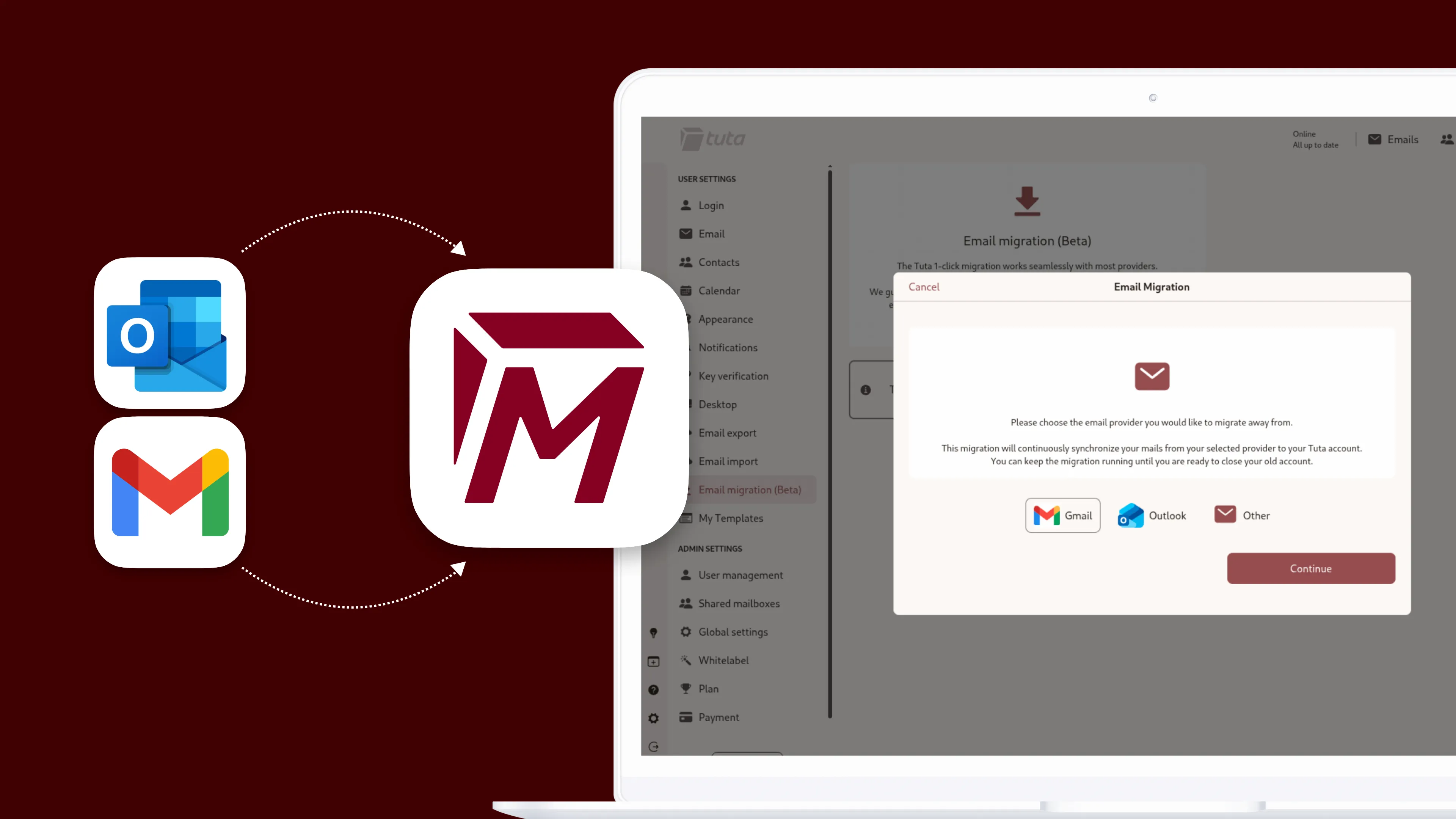Tuta One-Click Migration dialog choosing Gmail or Outlook to migrate from